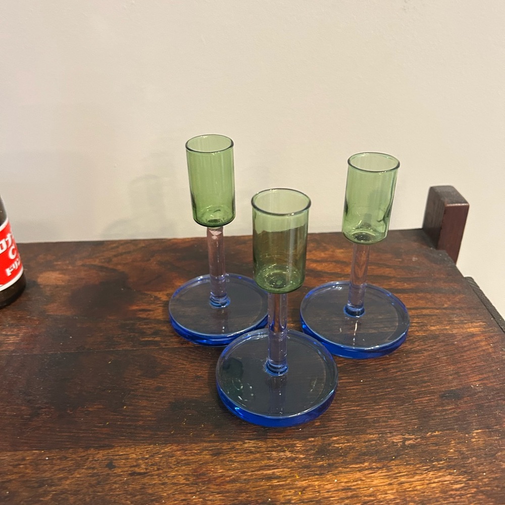 Madewell Green and Blue Glass Block Design Medium Candlestick Holders